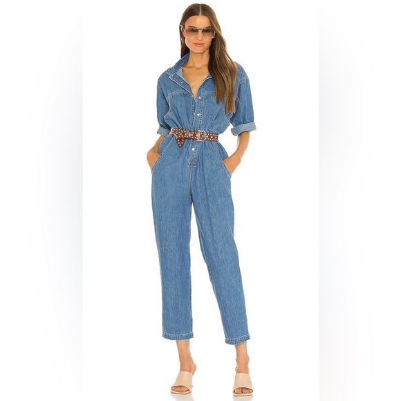 REVOLVE Pants - OVERLOVER Revolve Women's Hope Cool Blue Denim Jumpsuit Sz XS NEW